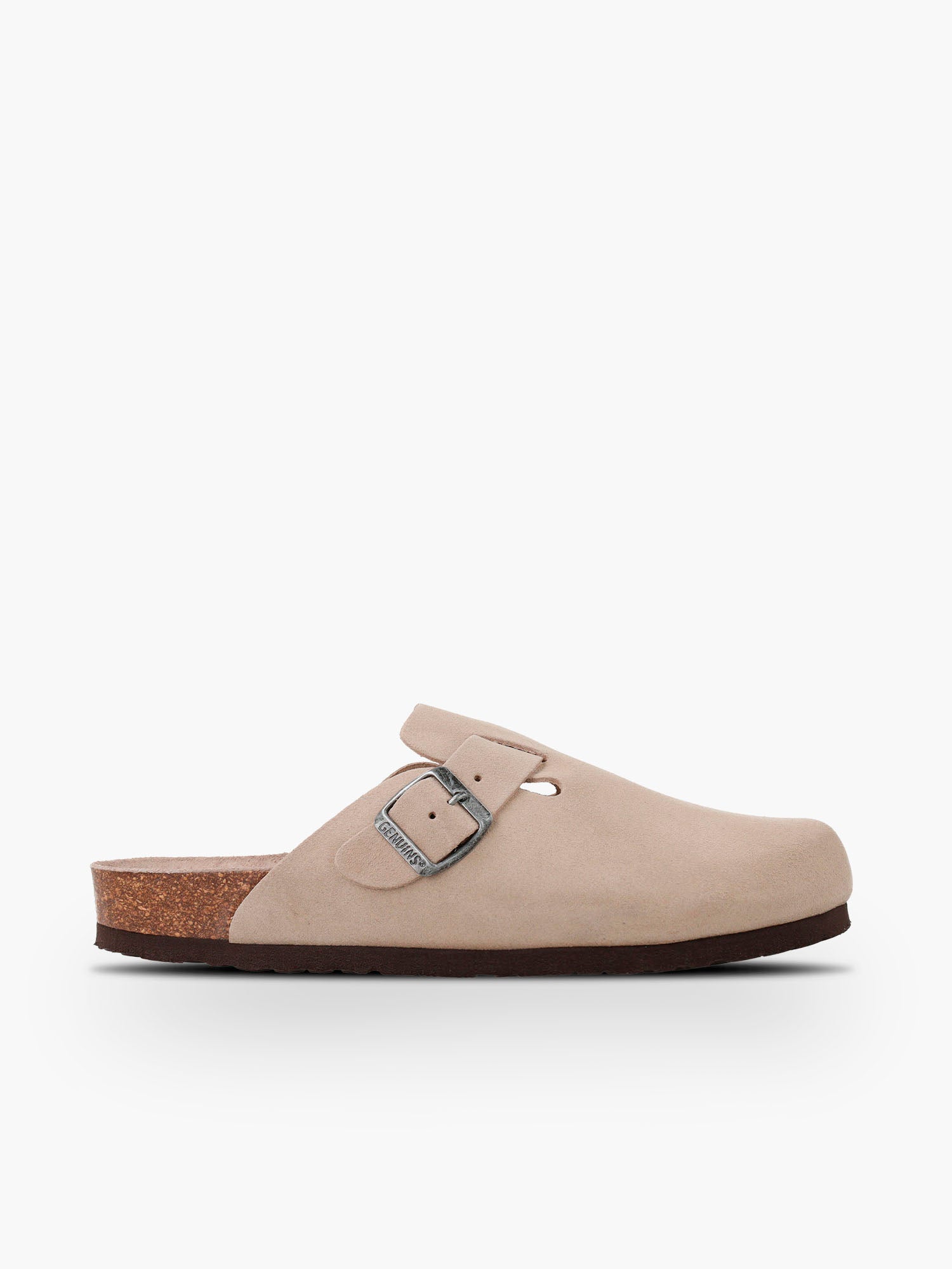 Zueco Genuins Riva  de piel serraje color taupe con planta anatómica de caucho corcho y hebilla ajustable metálica para hombre vista lateral. 